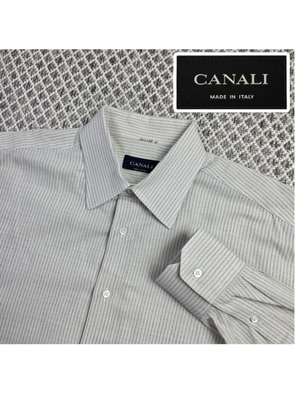 Canali Mens 42 16.5 Dress Shirt Beige Gray Stripe 100% Cotton Made in Italy